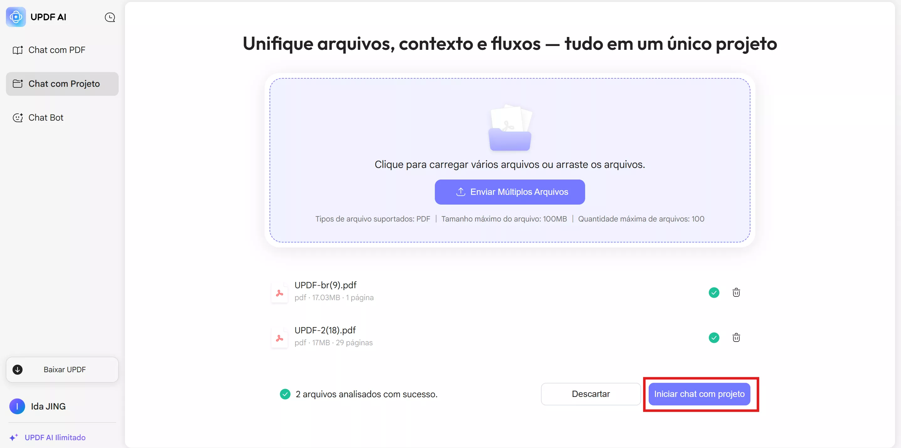clicar no botão Iniciar com o Projeto