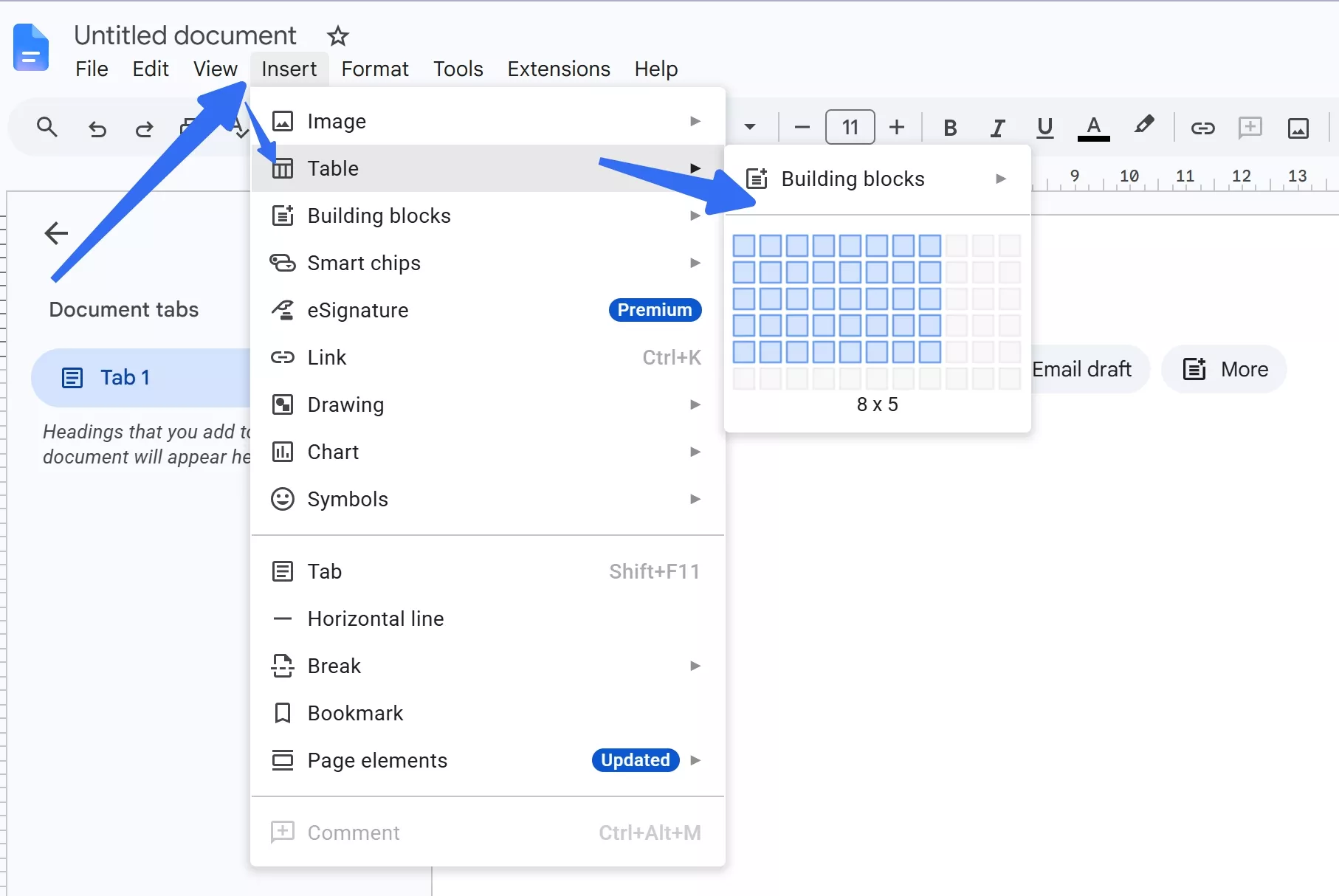 insert tables in google docs to make fillable pdf