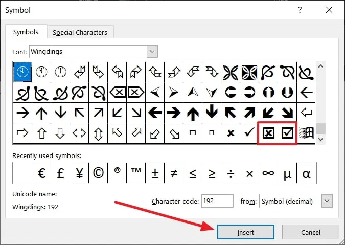 Insérer le symbole de la case à cocher dans Excel