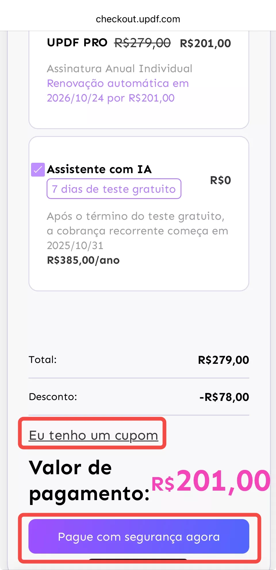 eu tenho um cupom e pague com segurança agora