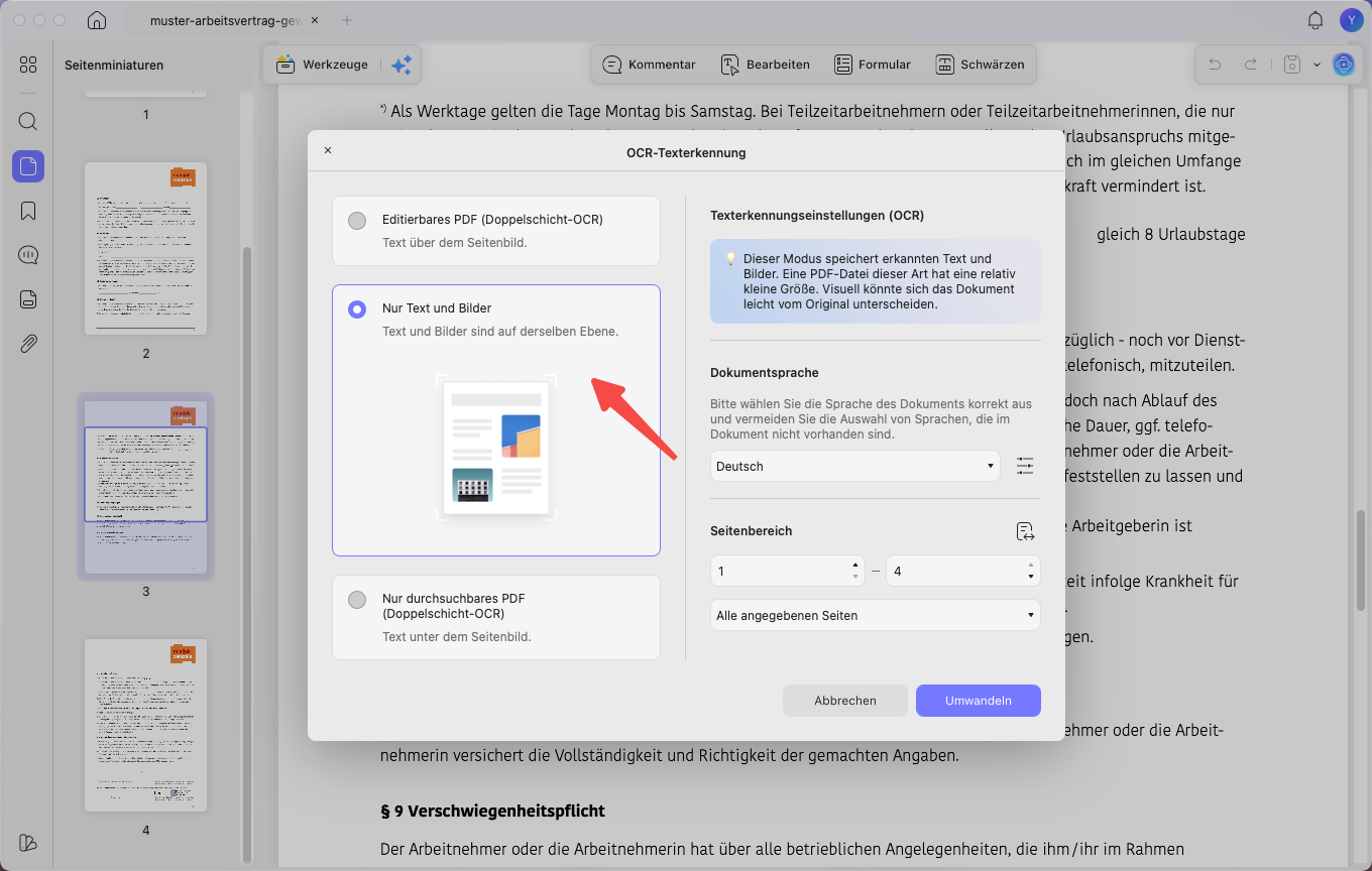 Mit OCR als „Nur Text und Bilder“ ausgeben