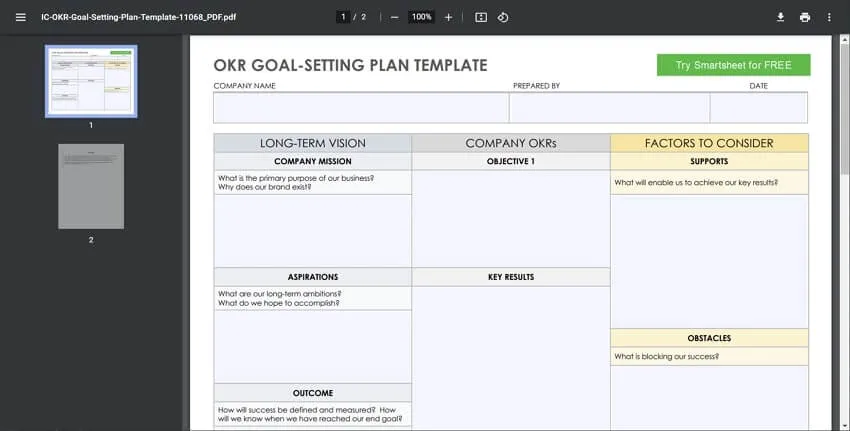 OKR Goal Setting Template in PDF