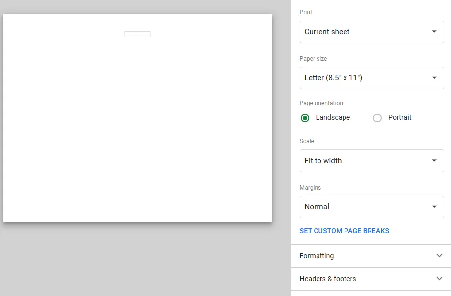 Open print option in google sheets