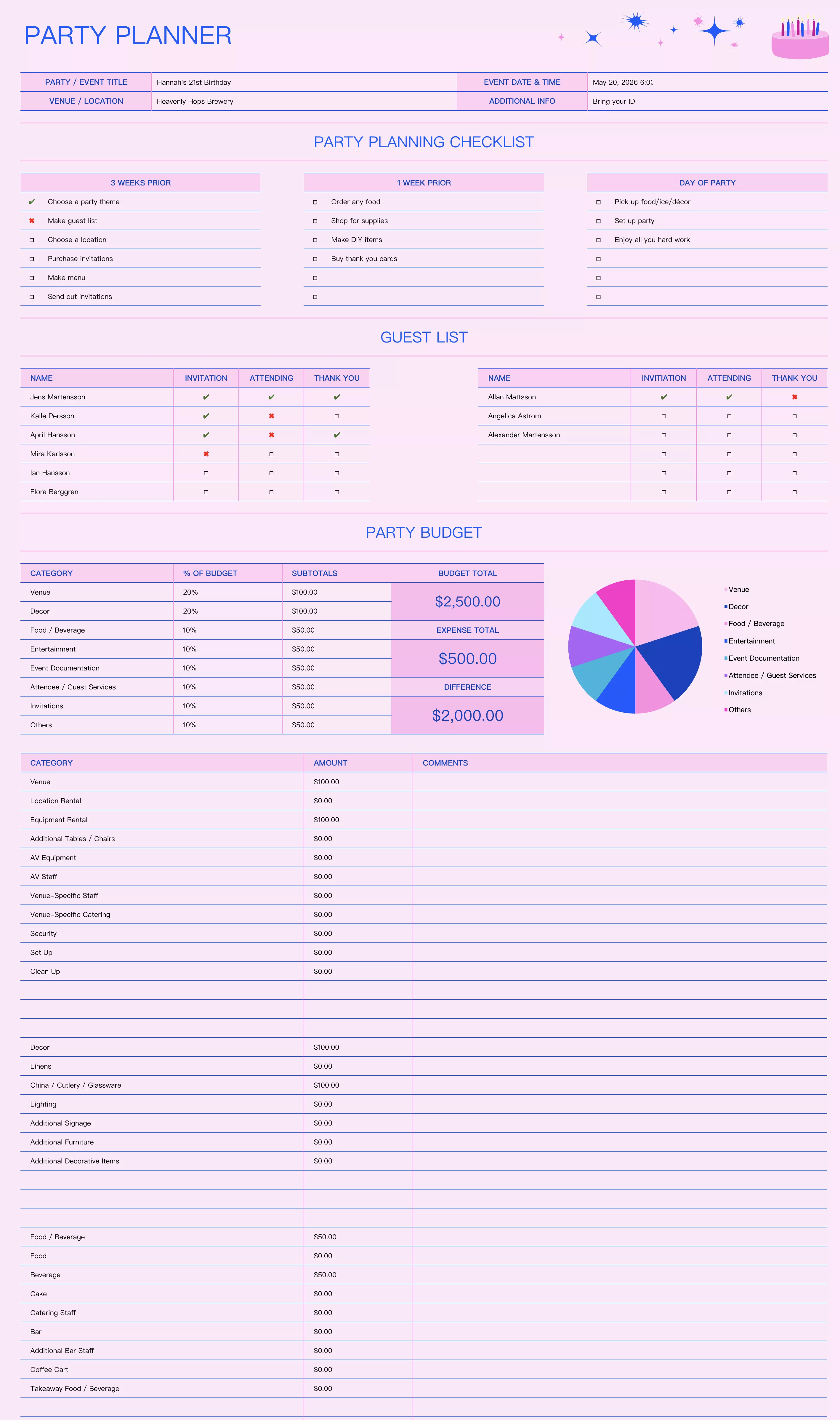 party planner excel template