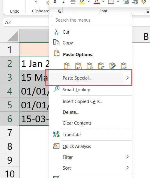 Text in Excel über Inhalte einfügen in Datum ändern