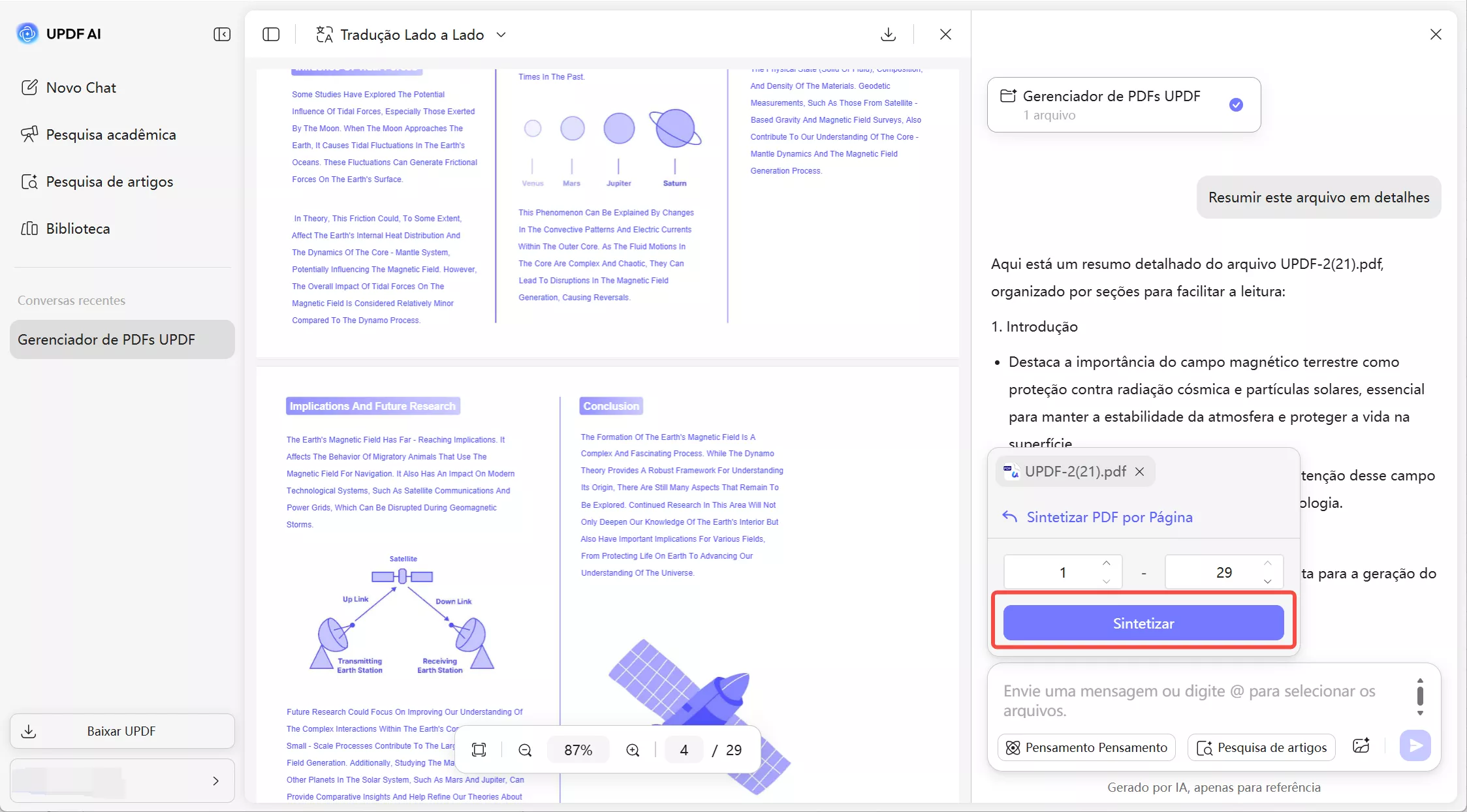 definir intervalo de páginas e clicar em sintetizar