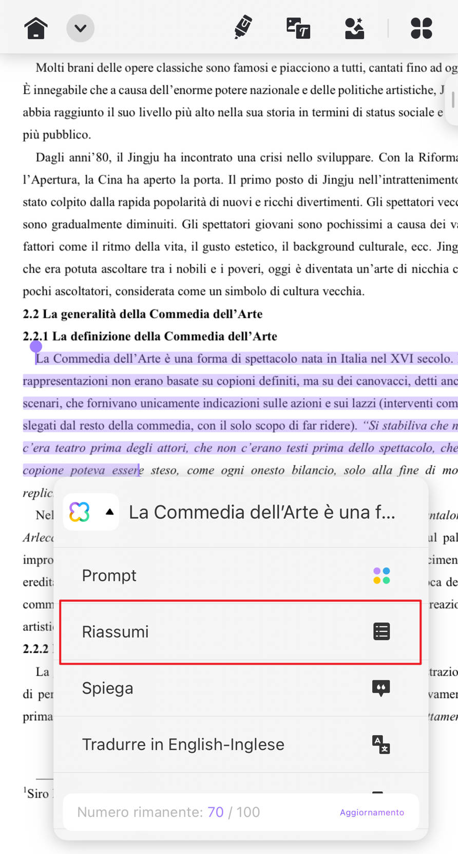 Seleziona testi per riassumerli su iPhone