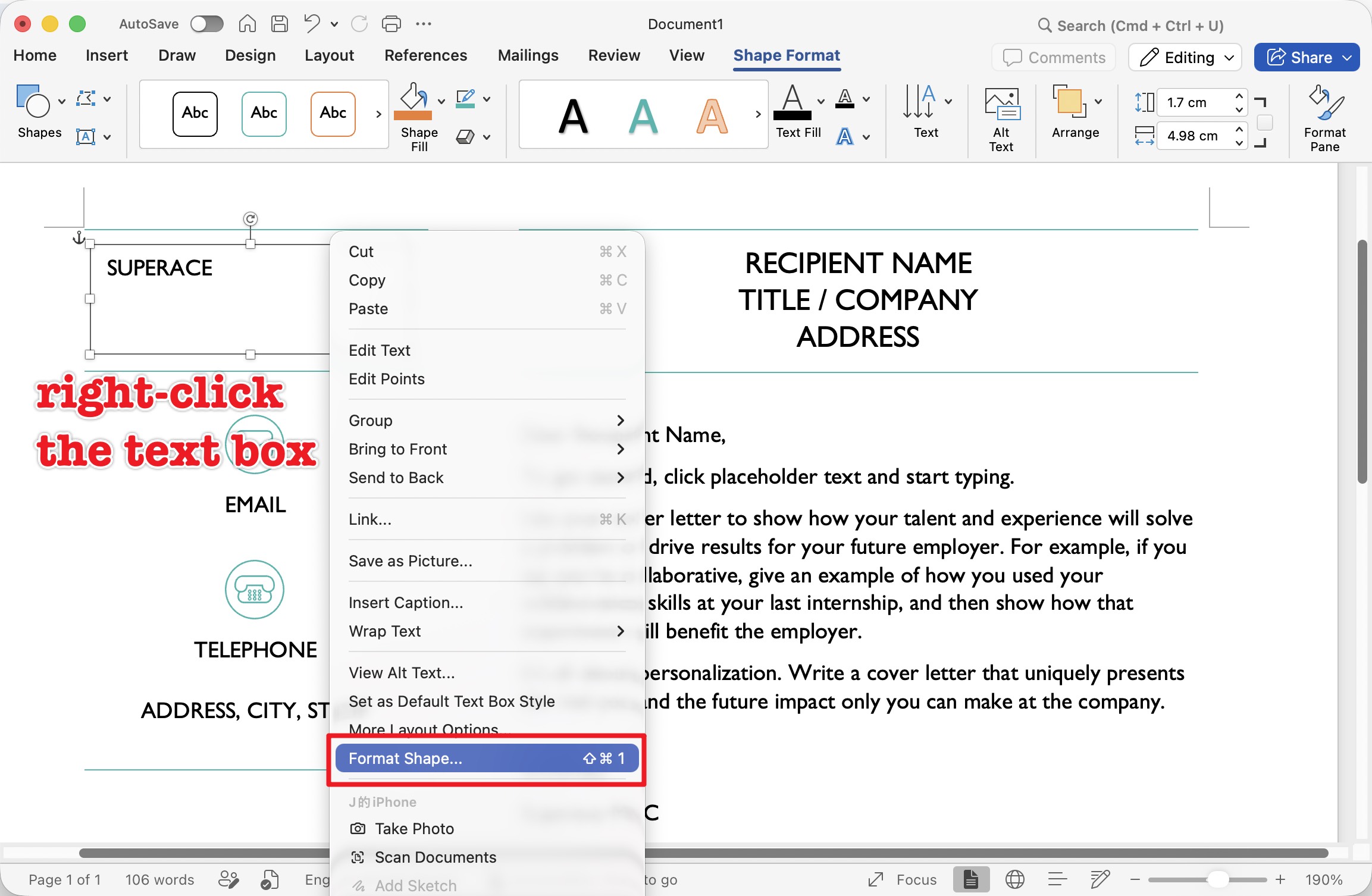 right click the text box on word
