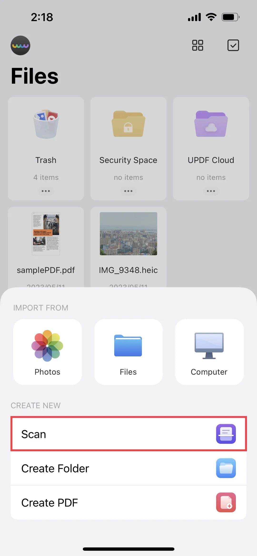 opción de escaneo cómo convertir fotos de iphone a pdf