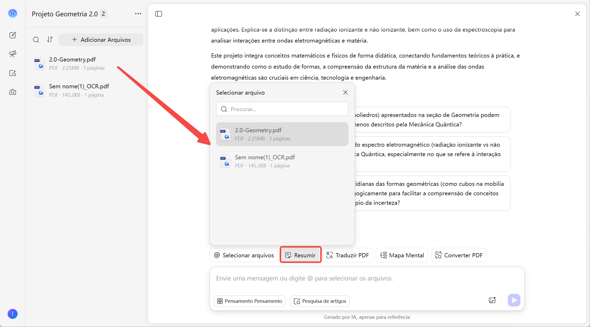 selecionar pdf e resumir