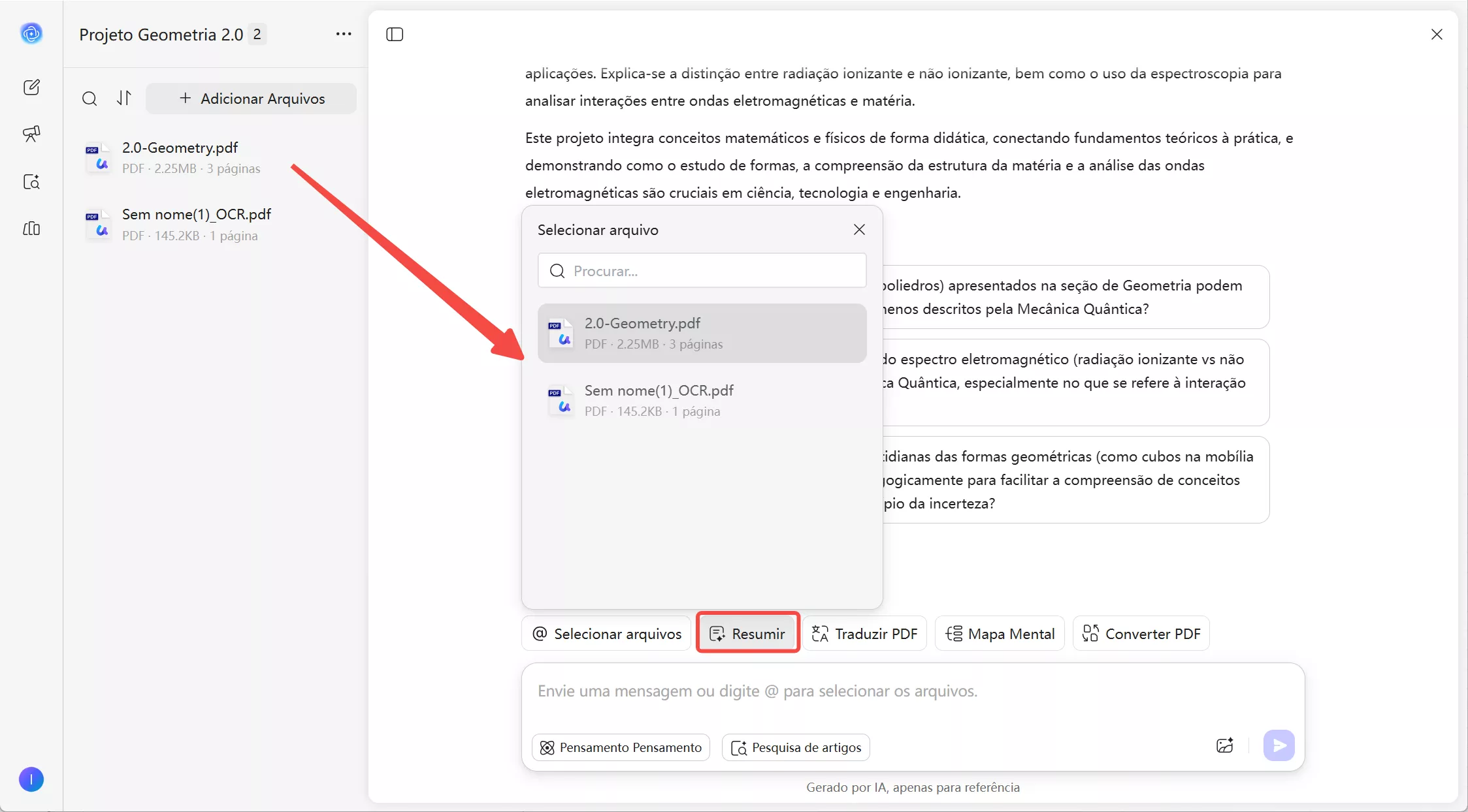selecionar pdf e resumir