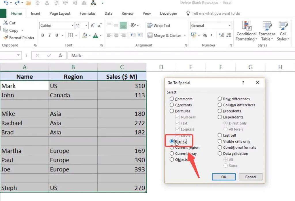 Select blank after go to special in Excel to remove blank rows in excel