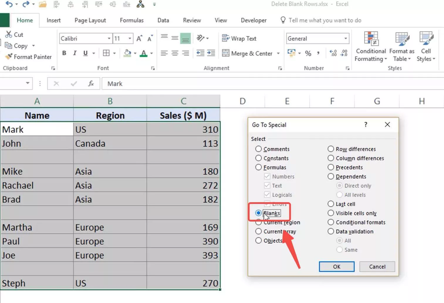 Leere Zeilen nach Gehe zu Spezial in Excel auswählen, um leere Zeilen in Excel zu entfernen