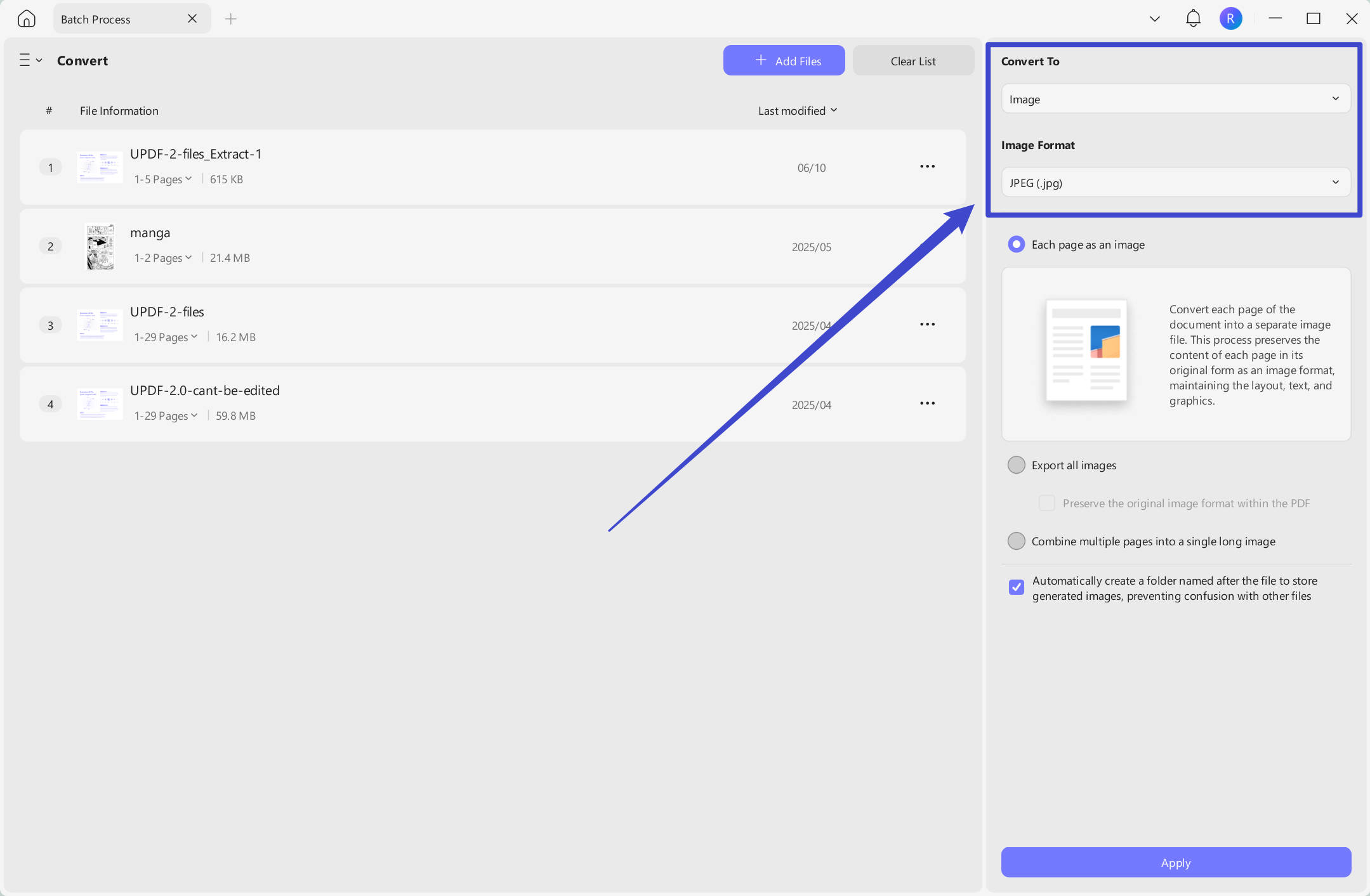 Select image formats to convert in UPDF windows