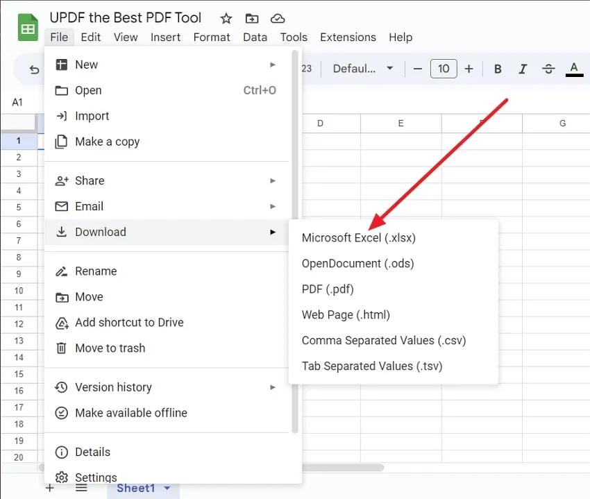 Select Excel format to download Google Sheets to Excel