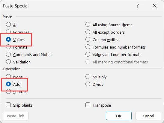Select the Values option in the 'Paste' category