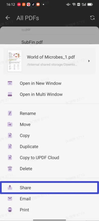 how to send a pdf on android with updf