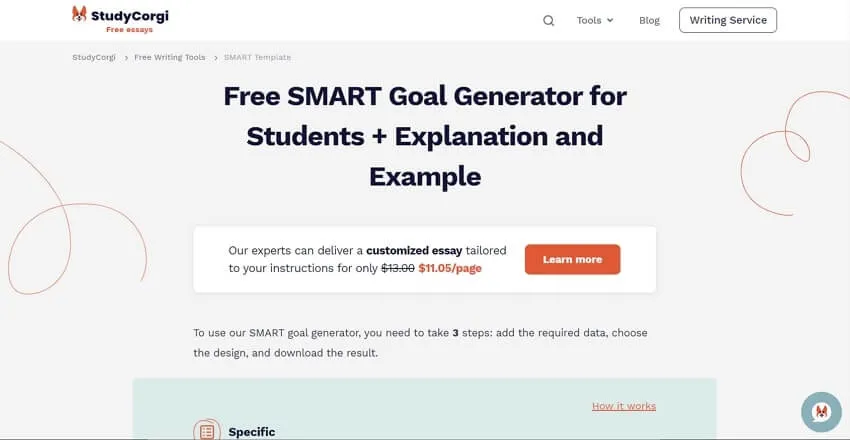 StudyCorgi smart goal generator