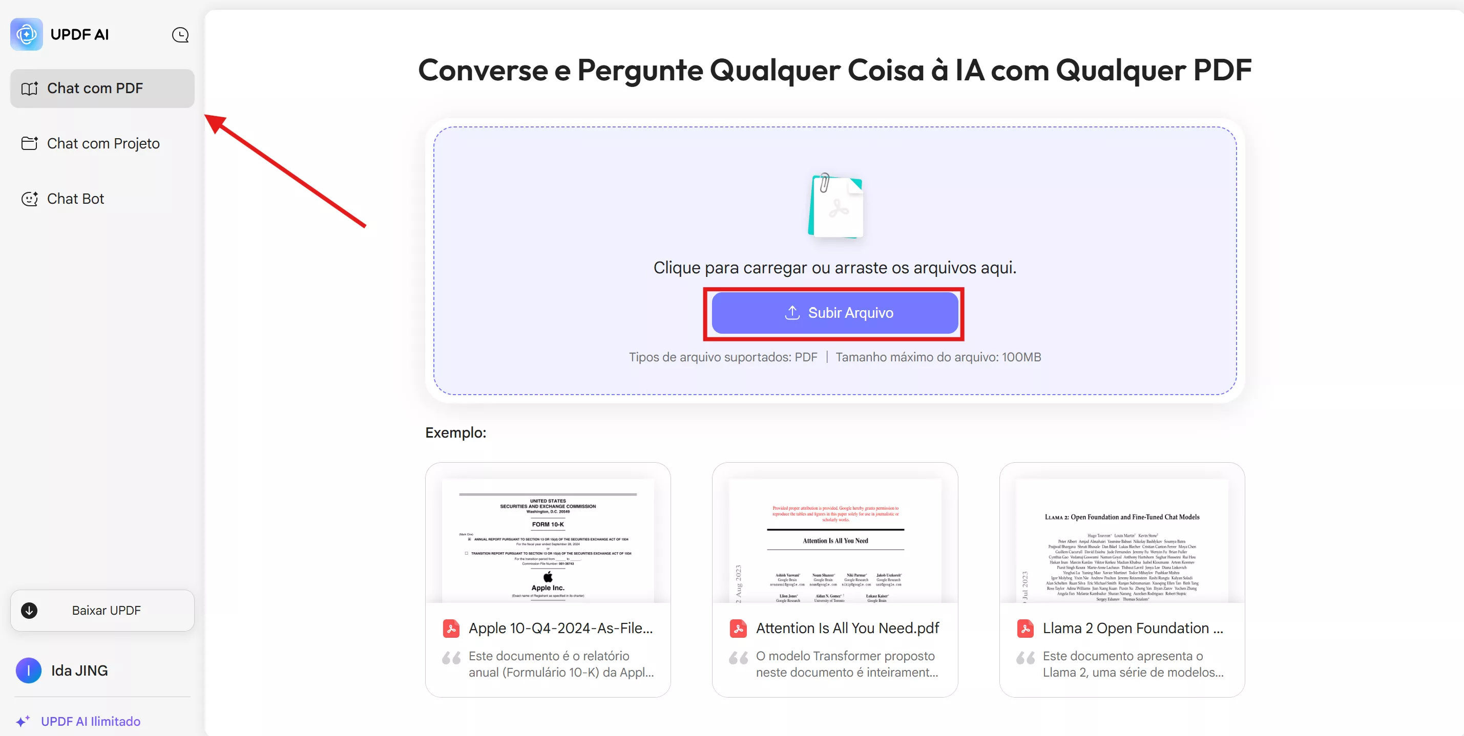 carregar arquivo no chat pdf