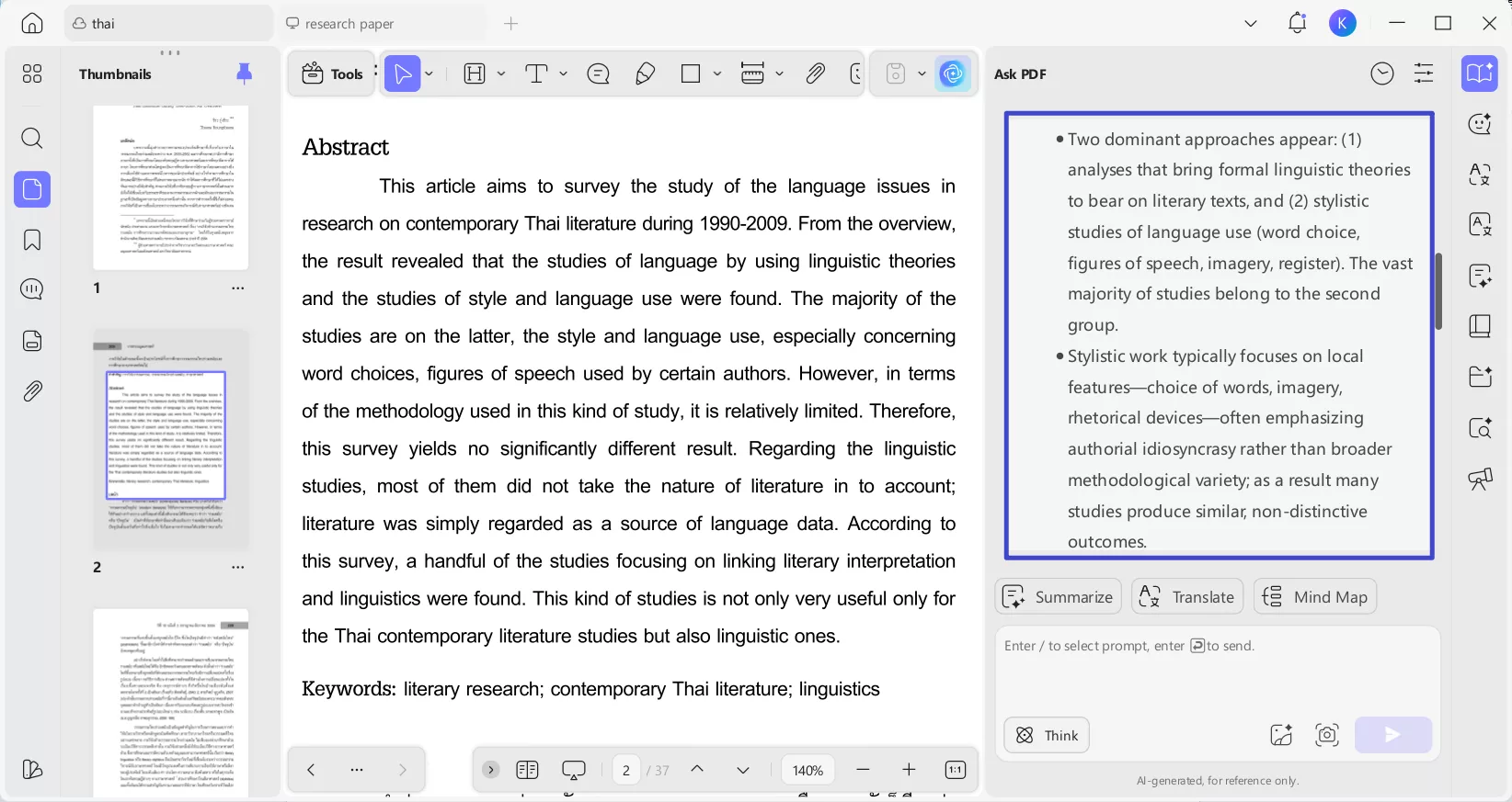 summarised content generated