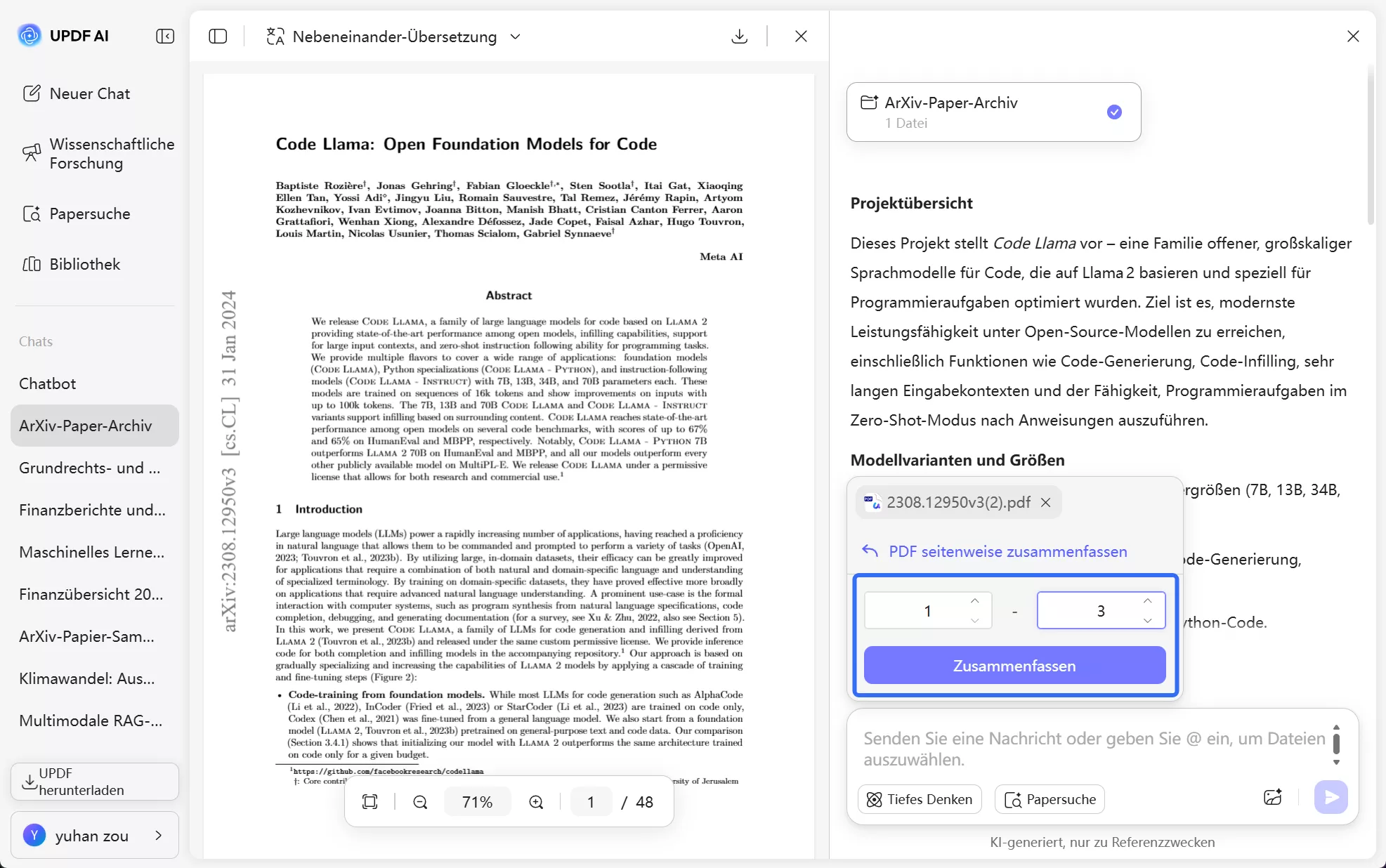 Seitenbereich festlegen und auf „Zusammenfassen“ klicken