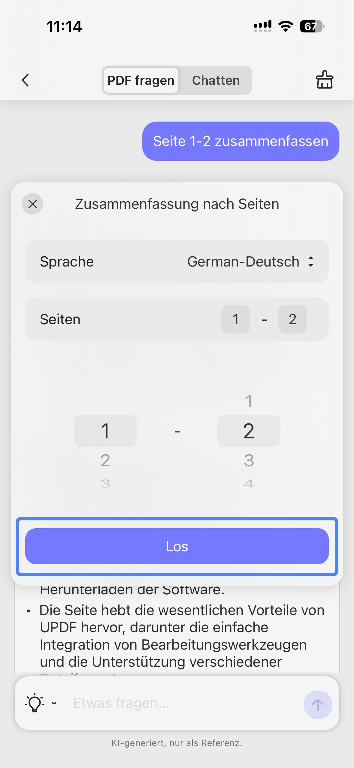 Wählen Sie den gewünschten Seitenbereich aus und tippen Sie auf „Los“