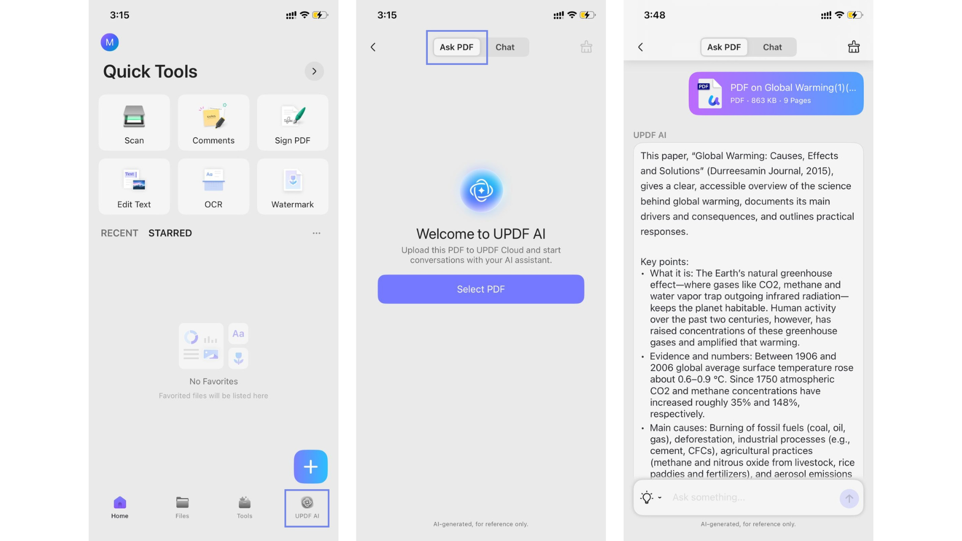 summarize through ask pdf on updf ios
