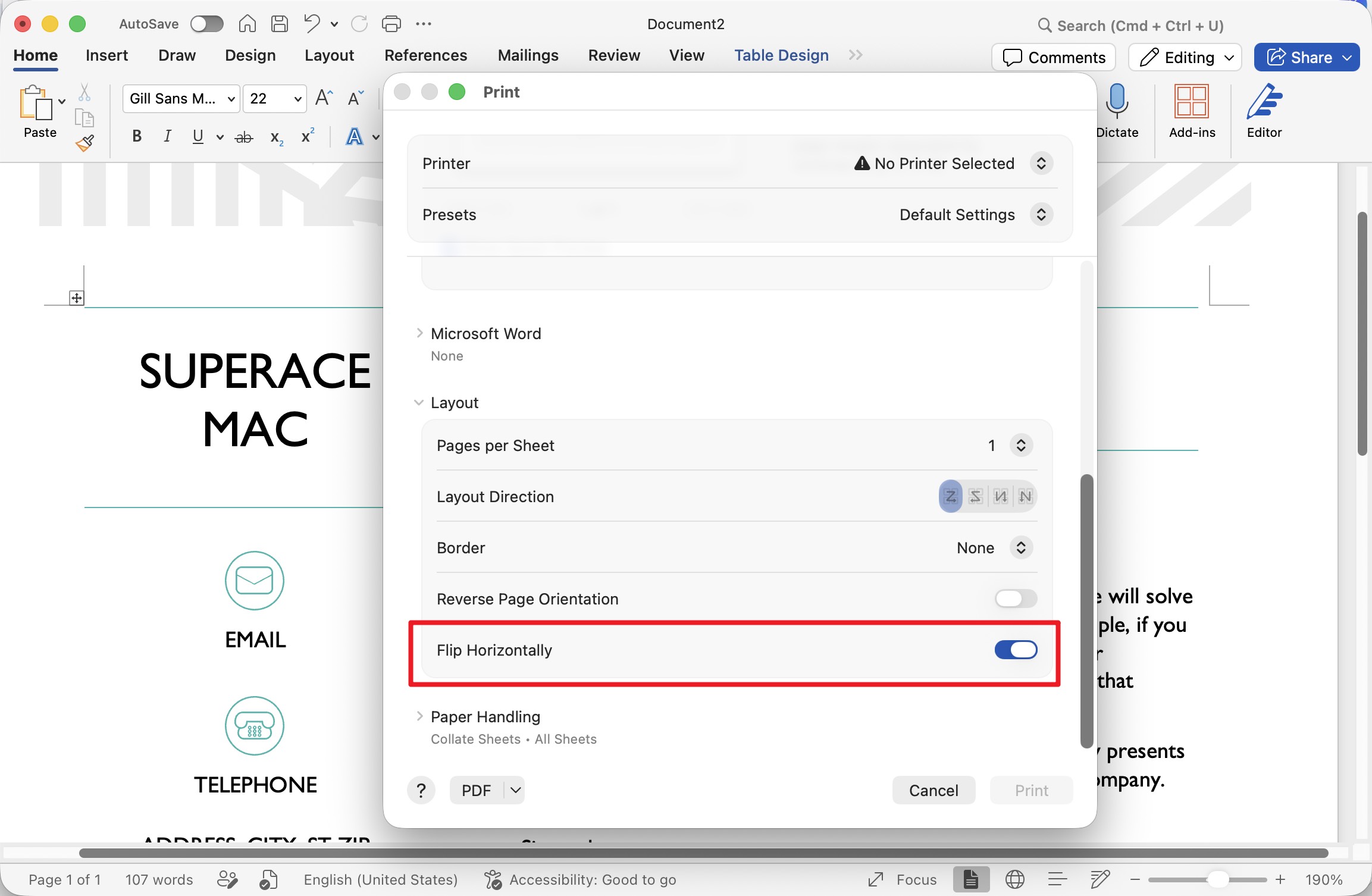 turn on the flip horizontally toggle mac