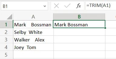 type the following function: “=TRIM(A1)”