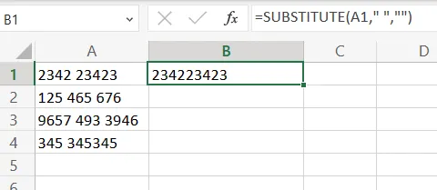  start typing the formula “=SUBSTITUTE(A1," ", "")." 
