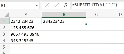 Comience a escribir la fórmula “=SUSTITUIR(A1," "," "")."