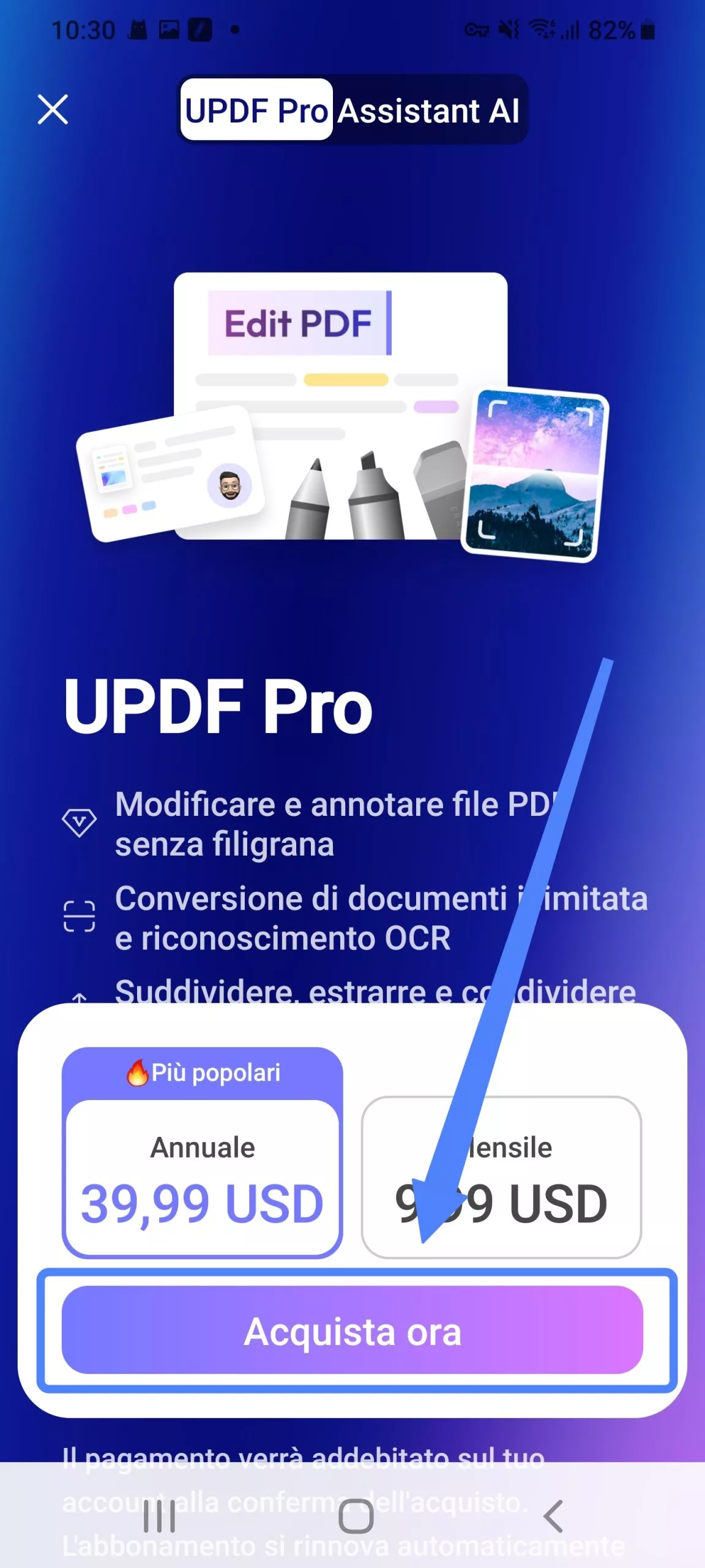 Selezione del piano UPDF per Android