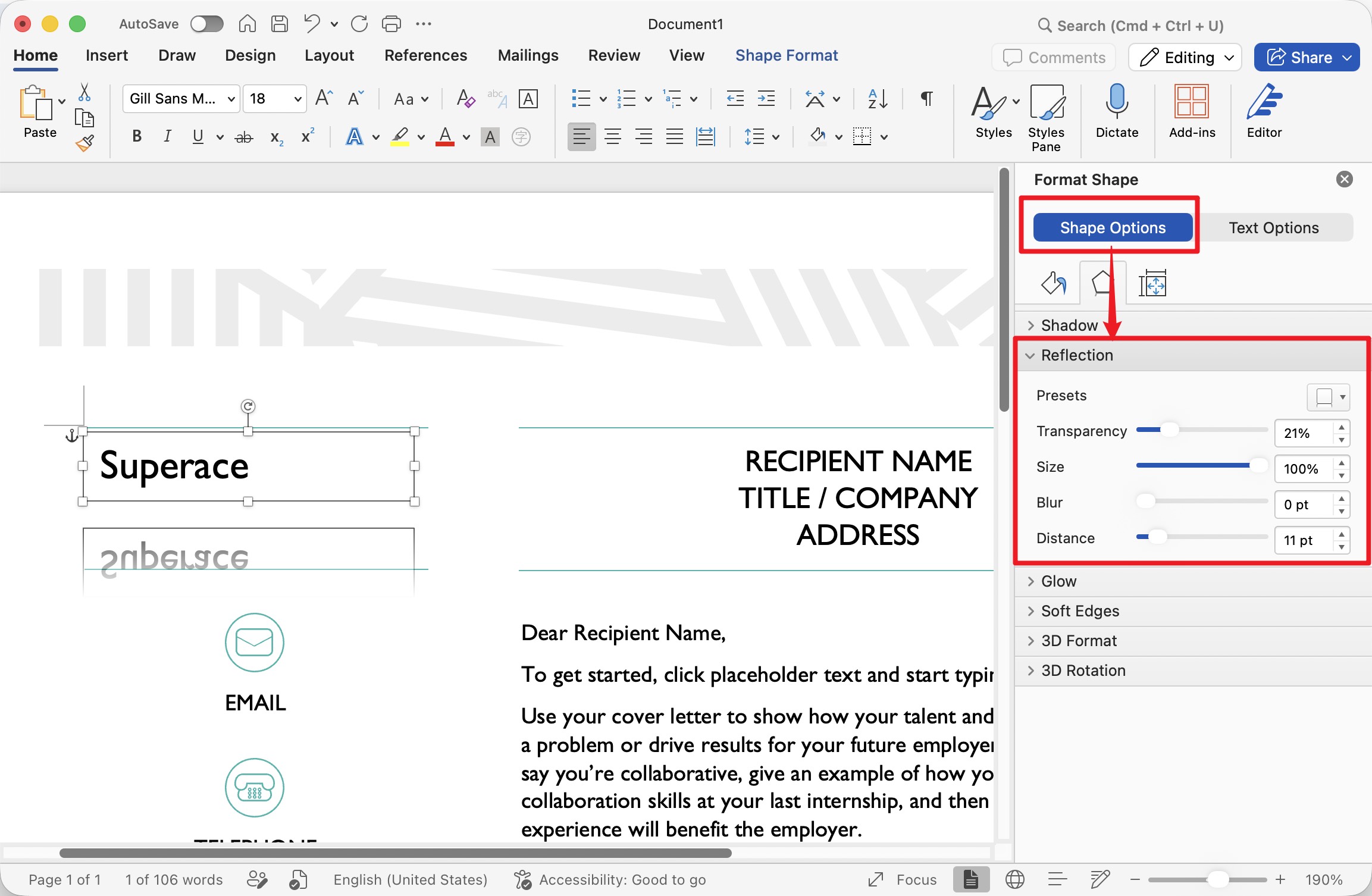 use reflection to mirror the text word