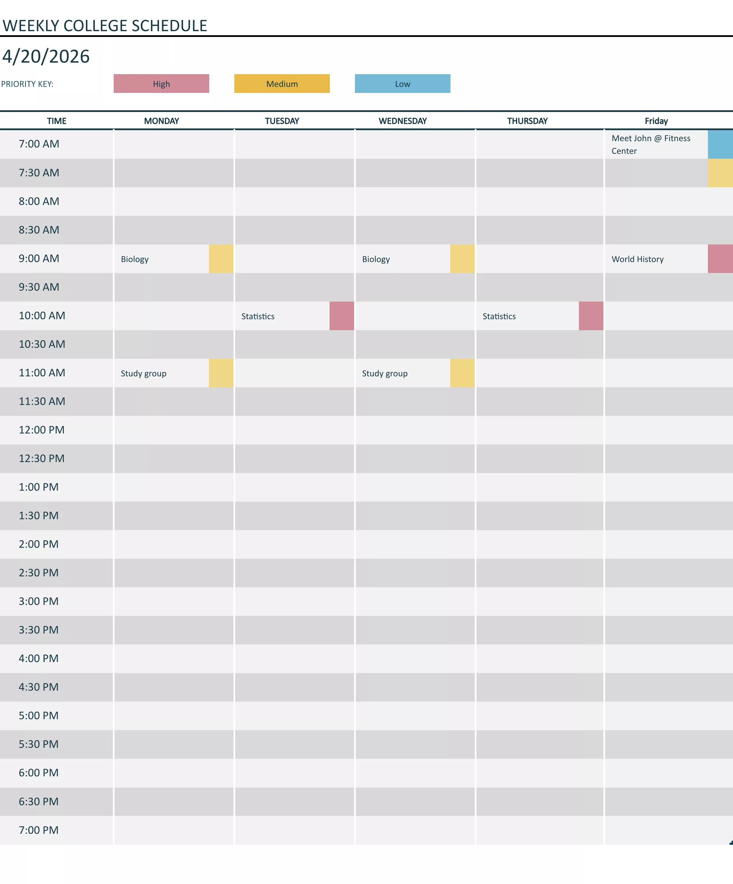weekly college schedule excel template