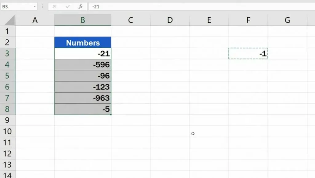 Write -1 in a cell of column F
