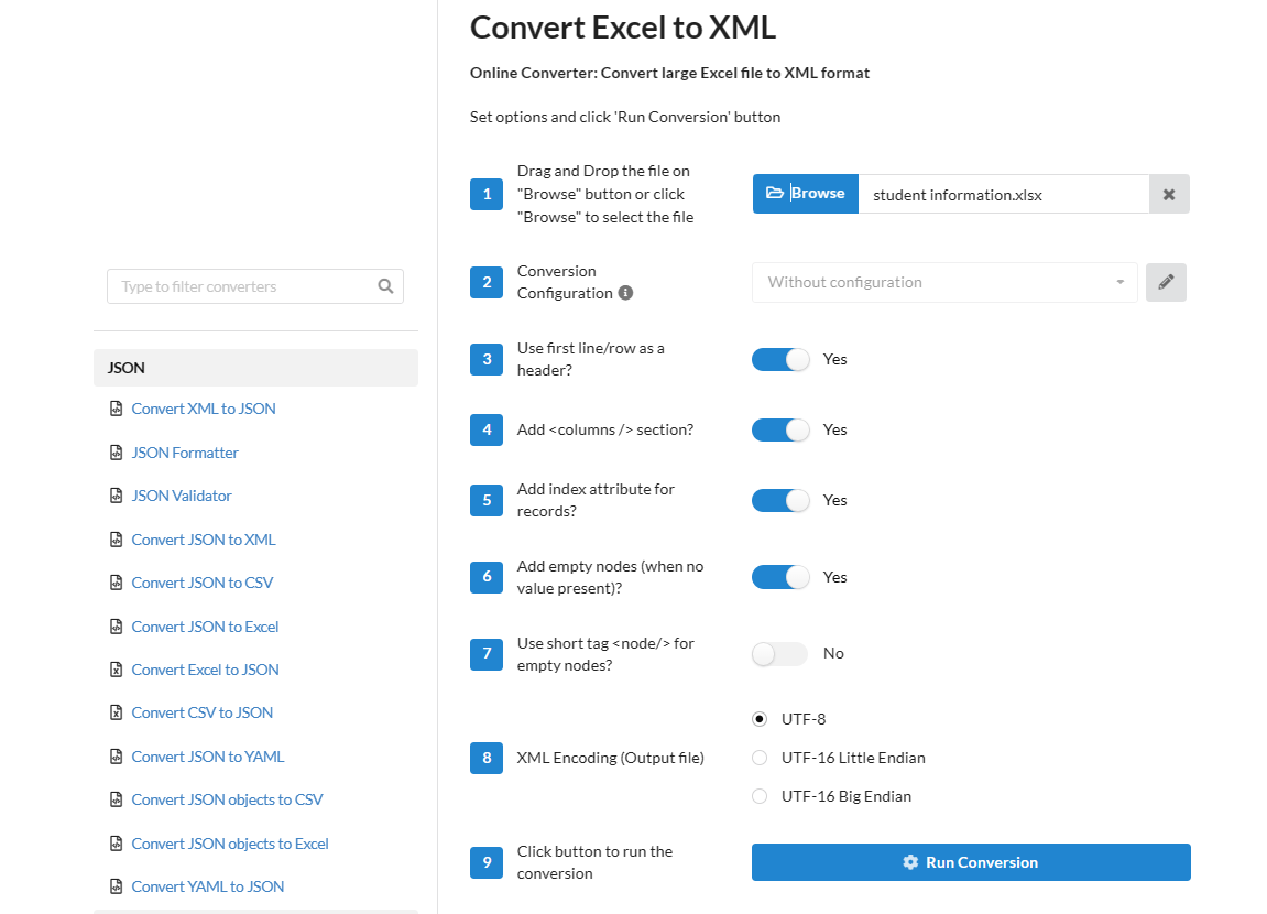 Convertire da Excel a Xmltramite Conversiontools
