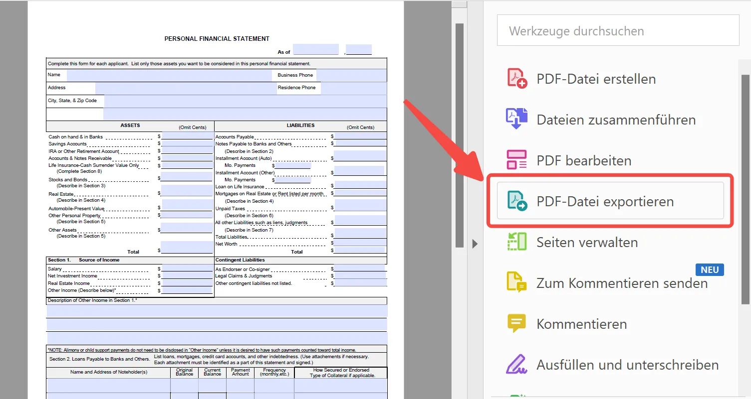 PDF in CSV umwandeln - klicke auf PDF Datei exportieren - Adobe Acrobat Pro DC