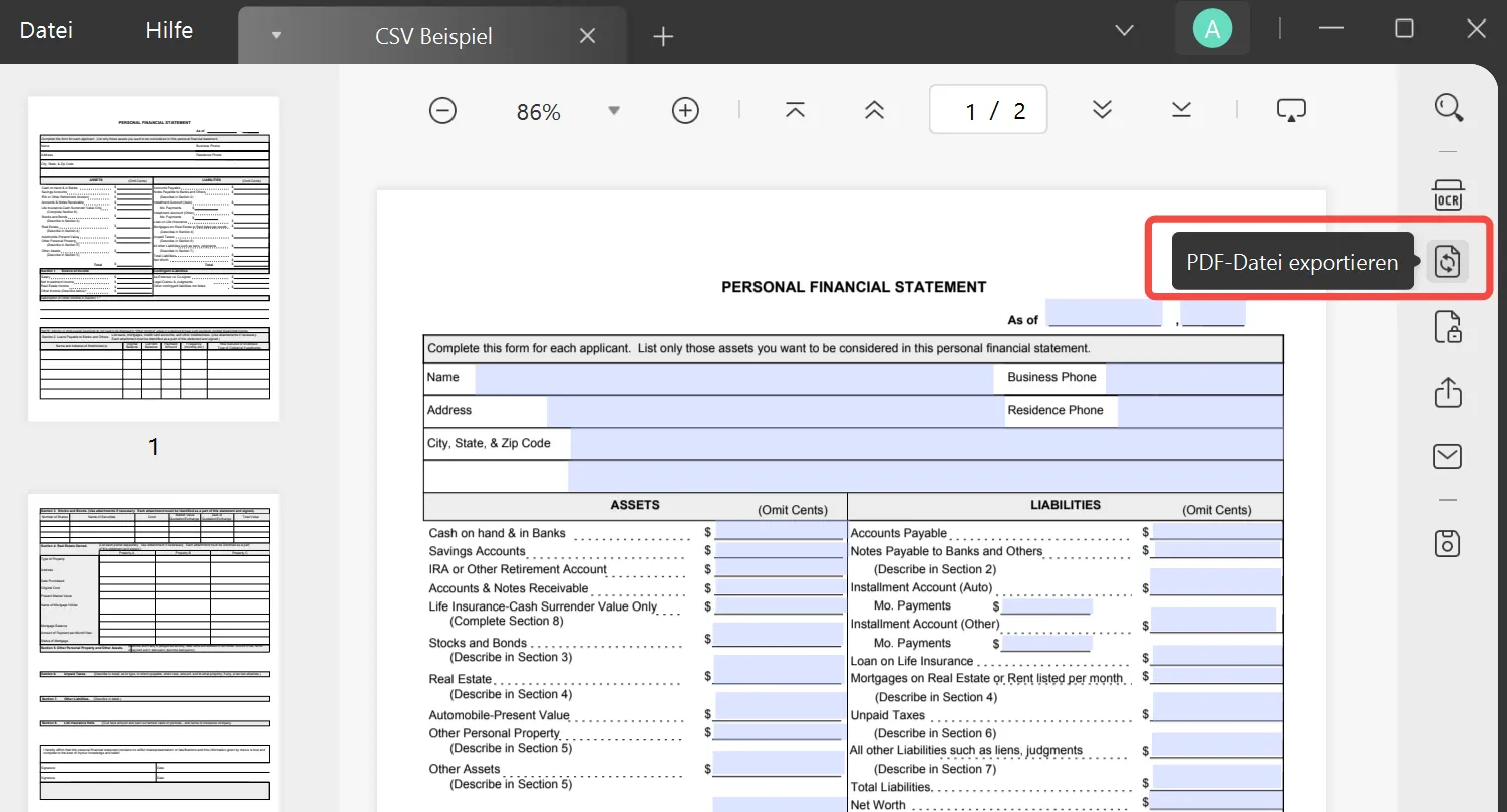 PDF in CSV umwandeln - klicke auf "PDF Datei exportieren" - UPDF