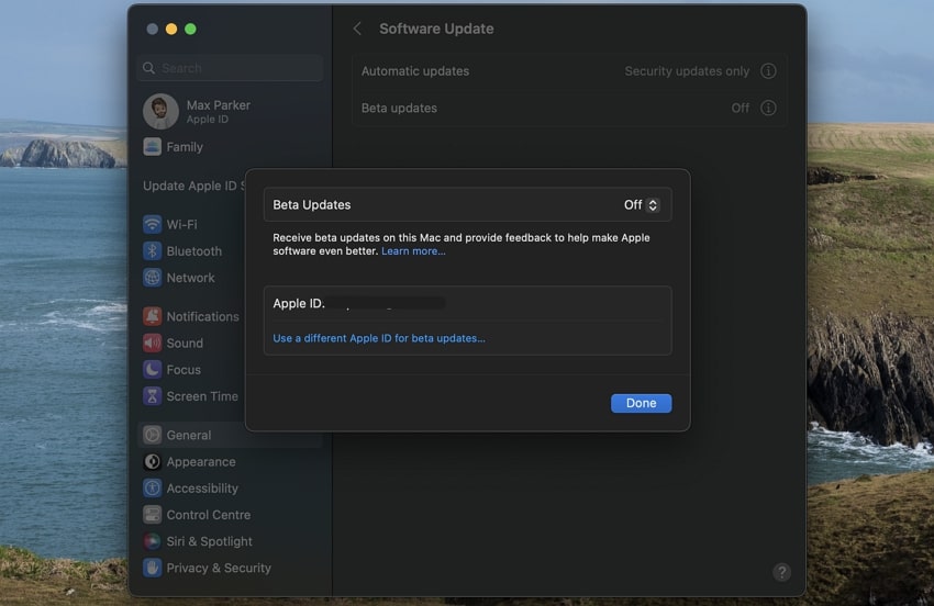 accedi all'opzione aggiornamenti beta mac