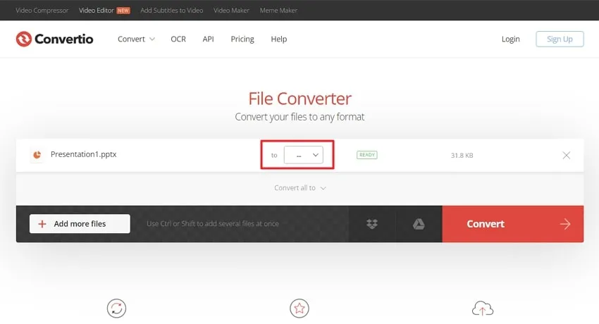 access output dropdown menu in convertio file converter