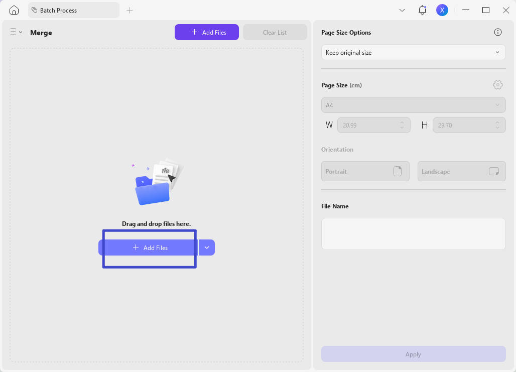 Add files button in batch combine option