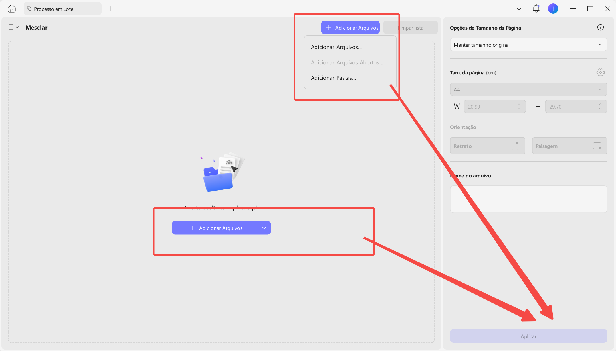 adicionar arquivos e converter jpg em pdf