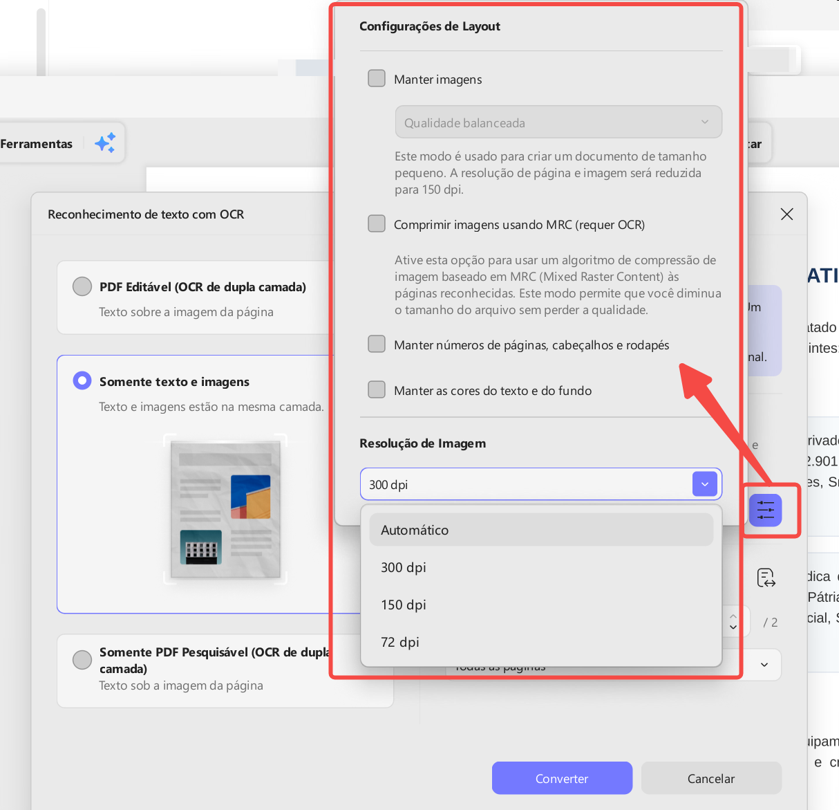 Configurar os parâmetros de conversão