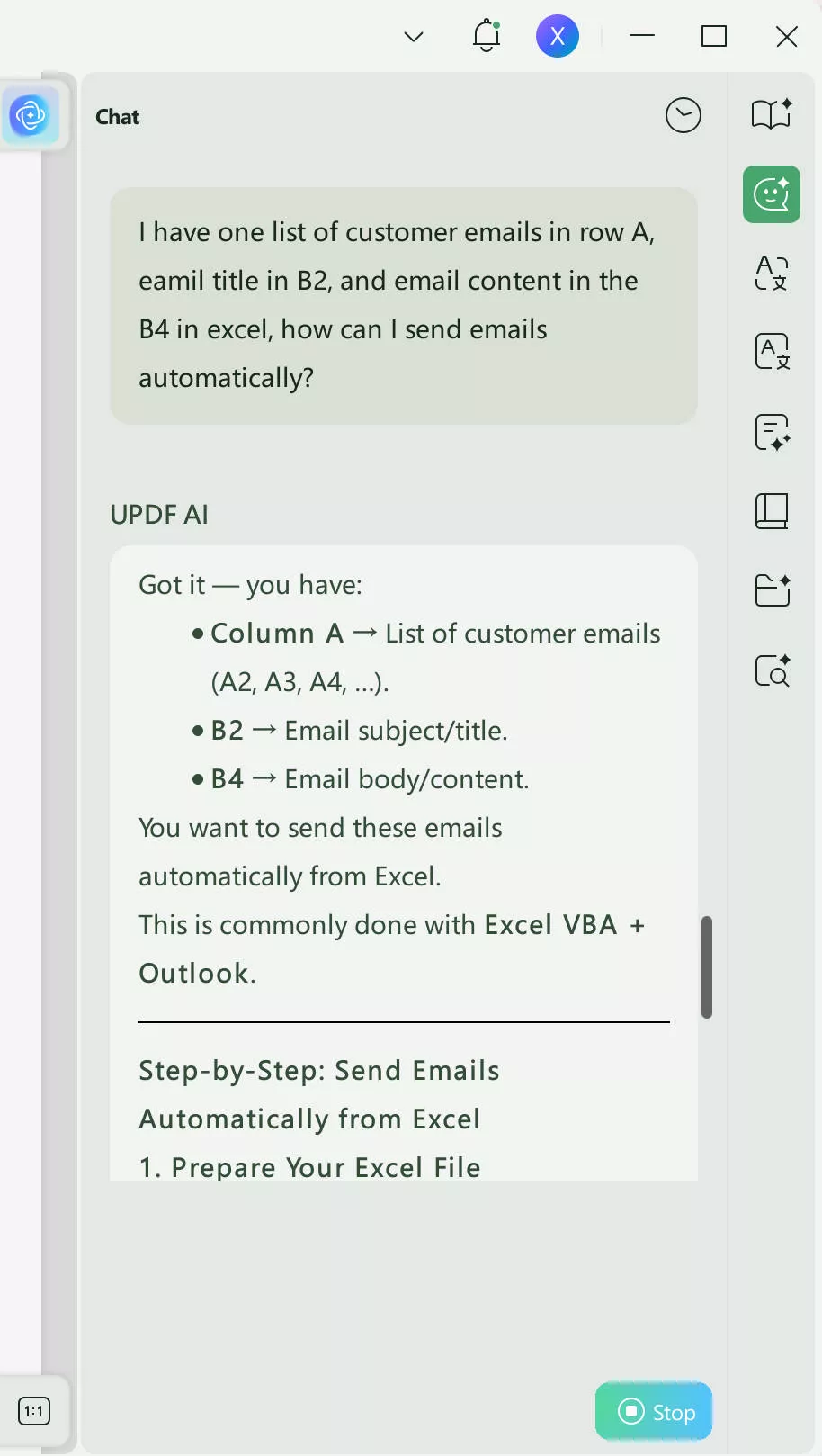 Ask further to automate emails for excel in UPDF