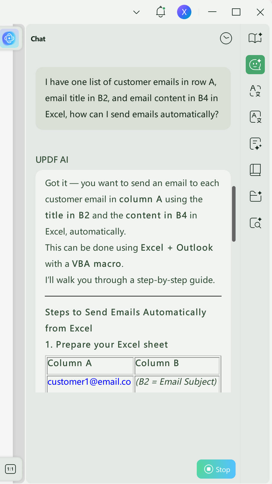 Ask UPDF to automate emails in Excel with UPDF AI