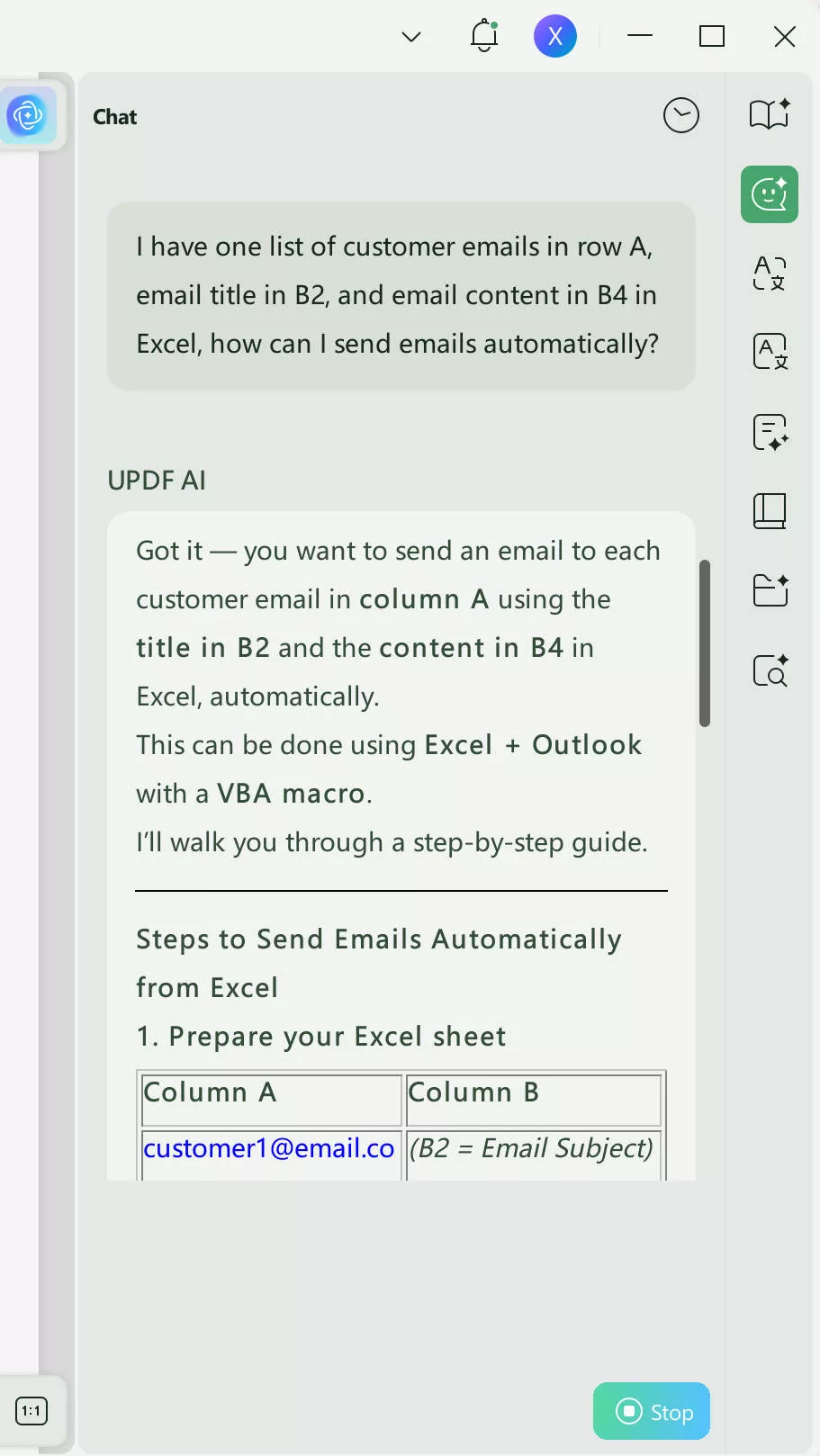 Ask UPDF to automate emails in Excel with UPDF AI