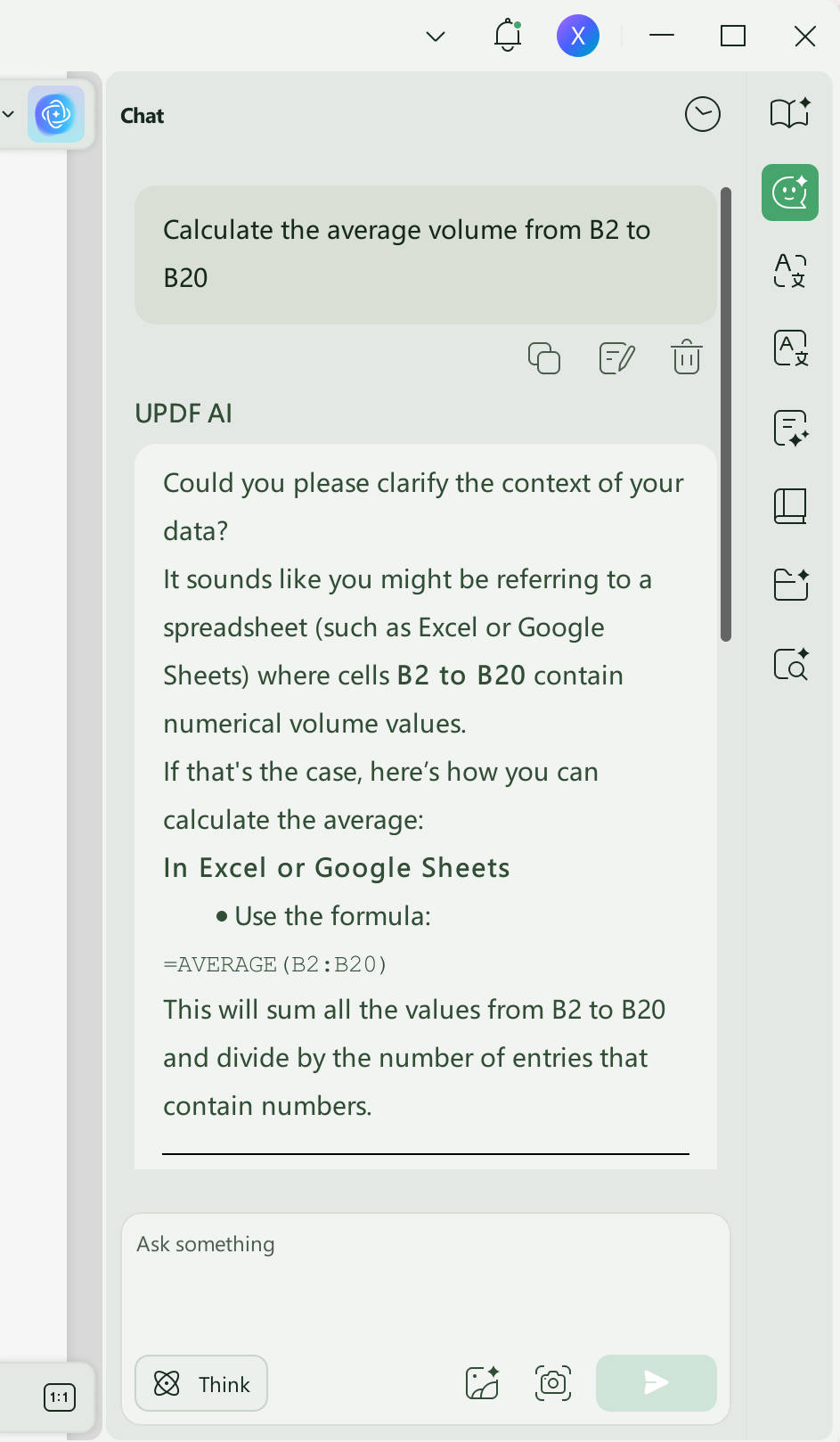 Calculate the average volume from B2 to B20
