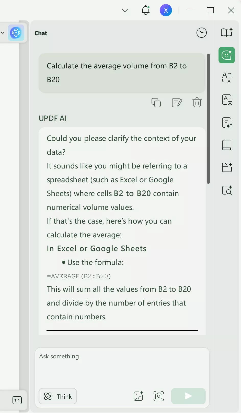 Calculate the average volume from B2 to B20