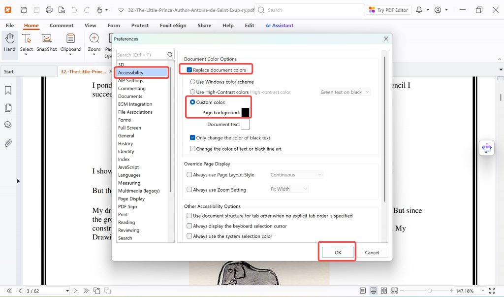 choose a dark color on foxit pdf reader