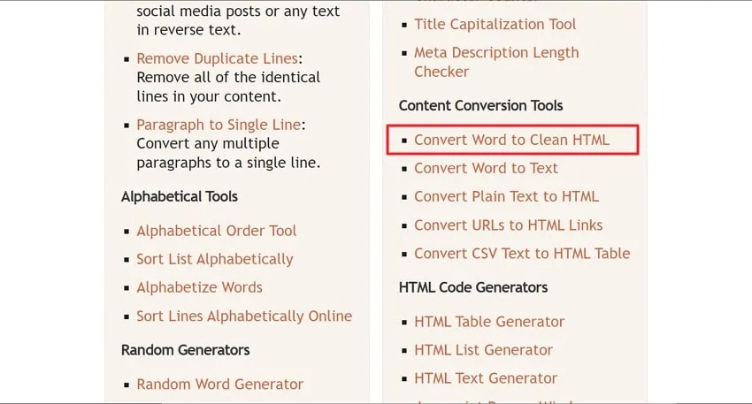 choose convert word to clean html in text fixer